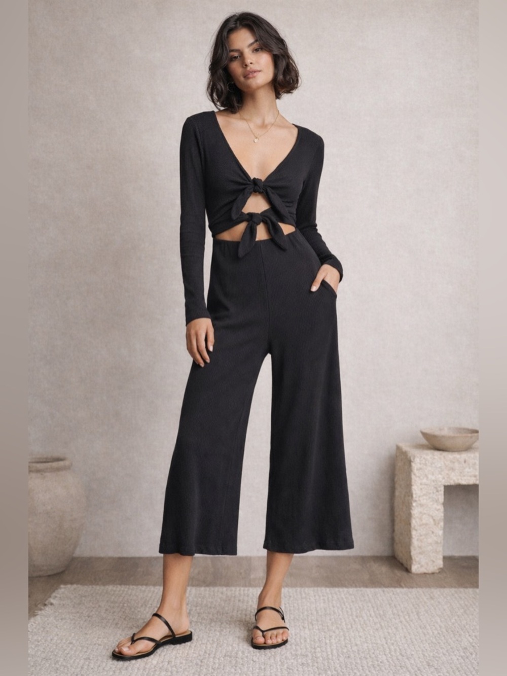 Free People FP Beach Black Ribbed Cutout Tie Front Cropped Jumpsuit Size S